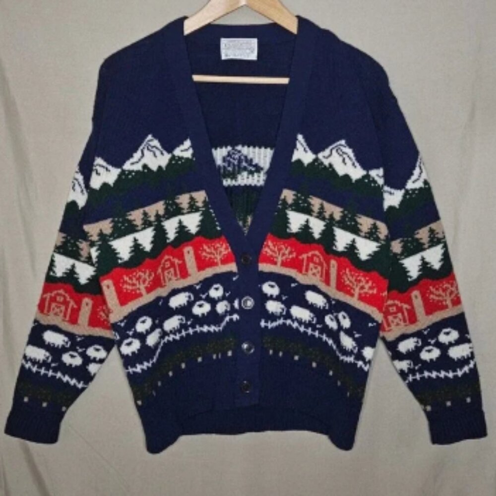 Pendleton Wool Cardigan Sweater Barn Sheep Mountain Scene